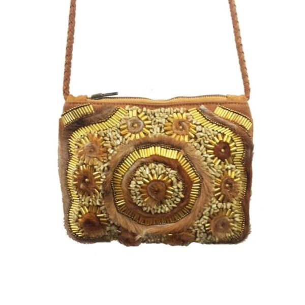 RD515 LEATHER ZIP TOP EMBROIDERED POUCH CROSS BODY