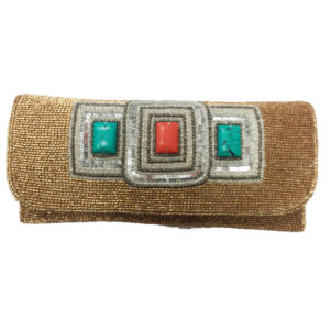 PUB394 HAND EMBROIDERED 3 STONE BEADED CROSS BODY CLUTCH