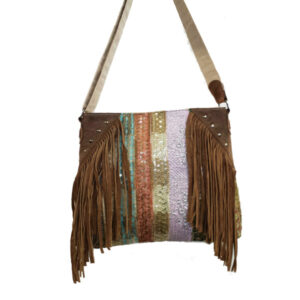 SS18 ZIP TOP CROSS BODY/MULTI STRIPE LEATHER FRINGE BAG