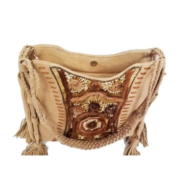 RD513F LEATHER TOTE WITH BRASS AND STONE EMBROIDERY