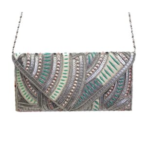 SILK EMBROIDERED ABSTRACT SAGE CLUTCH
