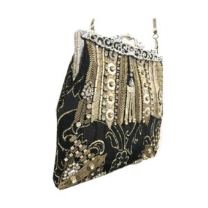 VICTORIAN VINTAGE 1927 BLACK TAPESTRY/ BRASS WORK BAG