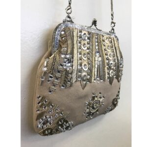 VICTORIAN VINTAGE IVORY BRASS AND CRYSTAL EMBROIDERY BAG