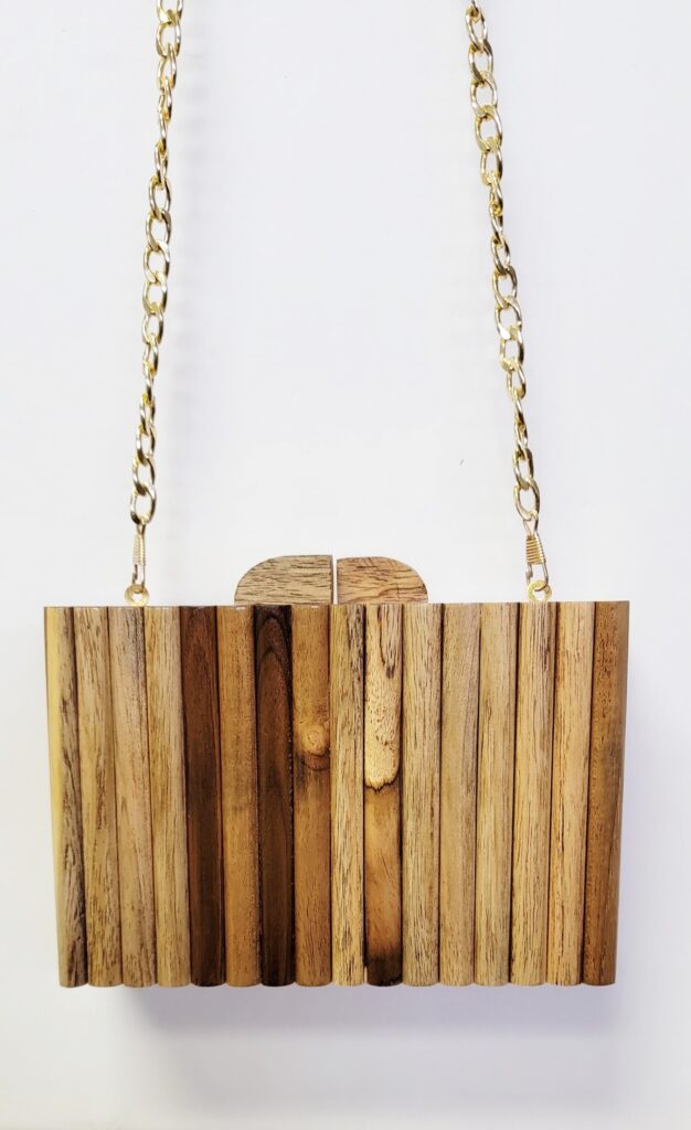 HAND CRAFTED NATURAL WOOD STRIPES BOX CLUTCH WITH CROSSBODY CHAIN STRAP